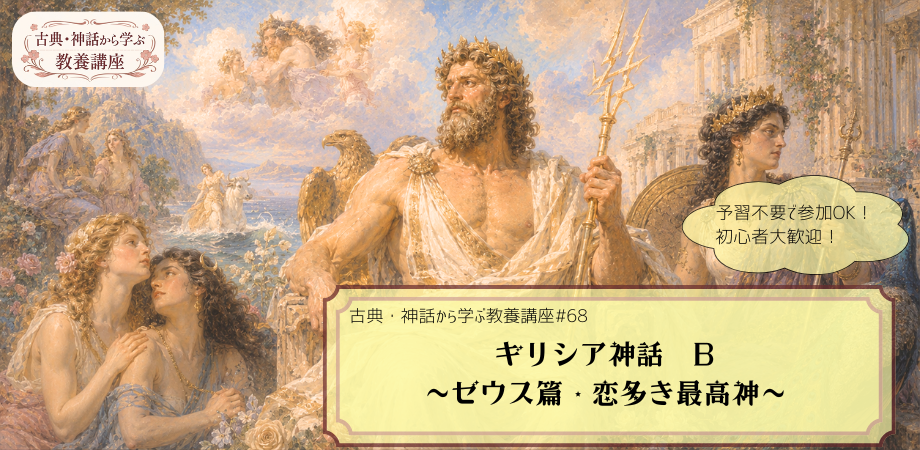 『ギリシャ神話』（ゼウス篇）をテーマにした教養講座#68の告知画像。神殿や海、山を背景に、ゼウスを中心として、その周りに複数の女神が描かれた手描き風イラストに「『ギリシア神話B』　～ゼウス篇・恋多き最高神～」と記されたデザイン。